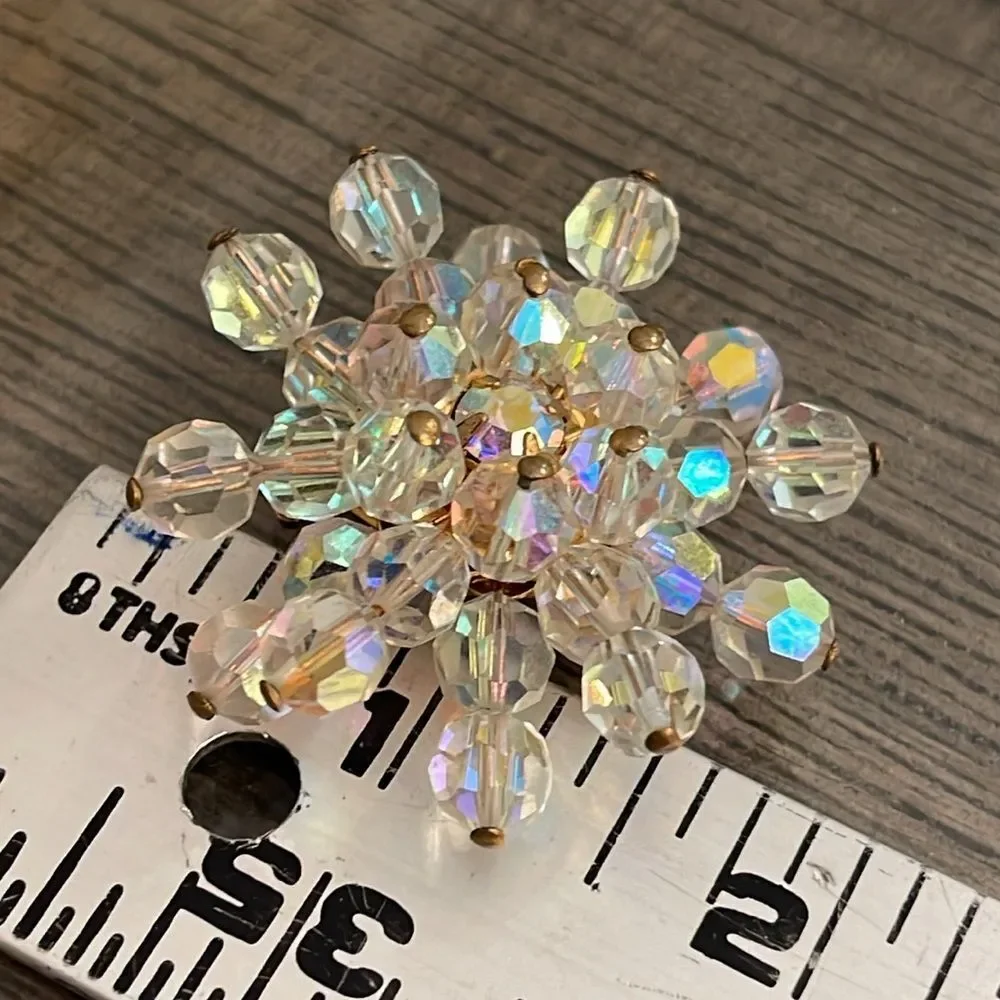 Vintage Aurora Borealis Crystal Bead Cluster Rhinestone Brooch Pin